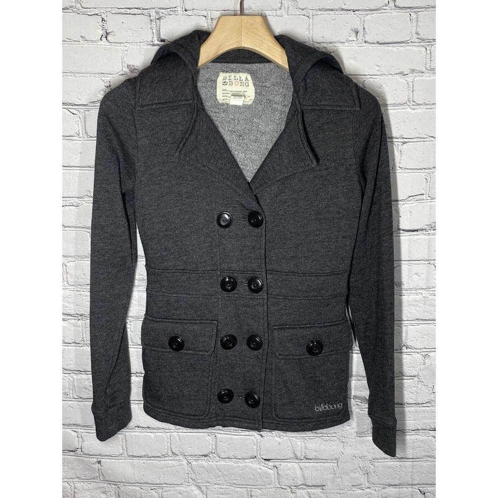 Billabong Charcoal Heather Gray Button Up Hooded Jacket Women's Size S Pockets